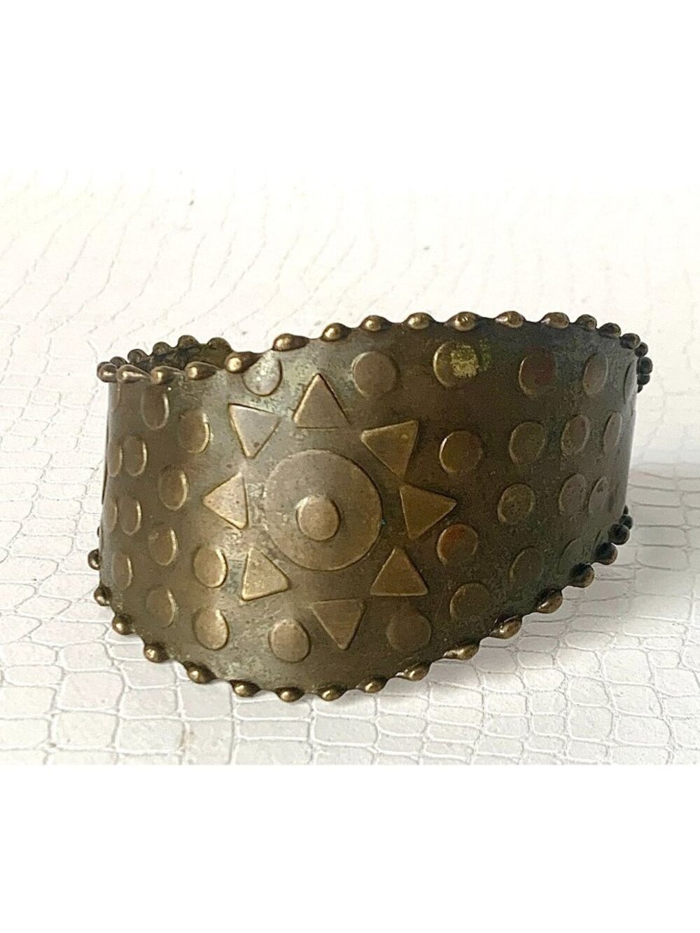 Vintage Brass Cuff Bracelet With Sunburst & Dot Embossed Design Aged Patina